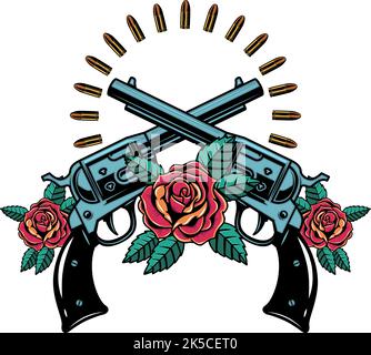 Gekreuzte Gewehre mit Rosen. Gestaltungselement für Plakat, Karte, Banner, Emblem, Schild. Vektorgrafik Stock Vektor