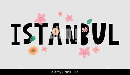 Istanbul. Handbeschriftetem Text. Vektor-Logo von Istanbul in schwarzer Farbe mit Möwen auf weißem Hintergrund. Souvenir-Produkte, Banner-Emblem, Reise-Blog Stock Vektor