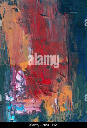 Abstrakter tiefroter, grüner und gelber strukturierter Hintergrund. Raue Pinselstriche auf Papier. Zeitgenössische Kunst Stockfoto