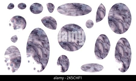 Aquarell handgezeichnete lila magische Hintergründe mit Flecken, Flecken, Spritzer, Wellen. Elemente auf weißem Hintergrund isoliert Stockfoto