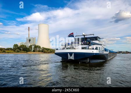 Duisburg, Nordrhein-Westfalen, Deutschland - Niedrigwasser im Rhein mit dem STEAG Kohlekraftwerk Walsum an der Fähranlegestelle der Rheinfähre Walsum-Orsoy. Nach einer langen Dürre sinkt der Rheinspiegel weiter. Aufgrund der Zugluft können Frachter den Rhein nur mit kleinen Ladungen befahren. Frachter, hier Frachter ALEXANDRA, parken wegen des niedrigen Wasserstands vor der Hafeneinfahrt von Duisburg. Stockfoto