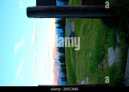 Wanderung zur Krüner Alm (1621 m), Sonnenuntergang, Karwendel, Karwendelgebirge, Europa, Deutschland, Bayern, Oberbayern, Werdenfelser Land, Alpenwelt Karwendel, Isartal, Krün Stockfoto