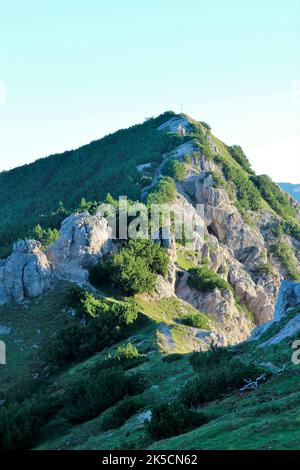 Wanderung zum Steinkarkopf bei Wörner Sattel, Karwendelgebirge, Mittenwald, Oberbayern, Bayern, Werdenfels, Deutschland, Europa, Alpenwalt Karwendel, Gipfelkreuz, Stockfoto