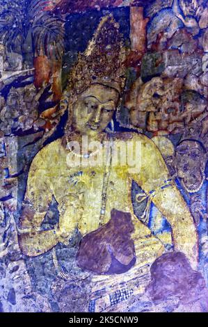 Wandmalereien von Buddha an der Wand der Ajanta Höhlen UNESCO Weltkulturerbe Sehenswürdigkeit in der Nähe von Aurangabad Staat Maharashtra Indien Stockfoto