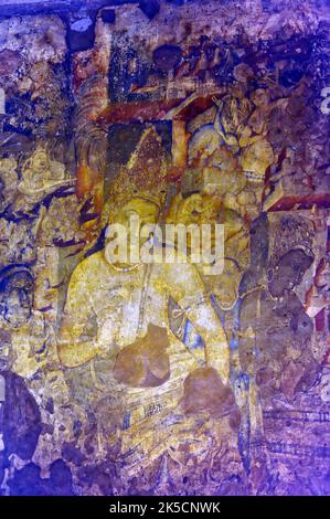 Wandmalereien von Buddha an der Wand der Ajanta Höhlen UNESCO Weltkulturerbe Sehenswürdigkeit in der Nähe von Aurangabad Staat Maharashtra Indien Stockfoto