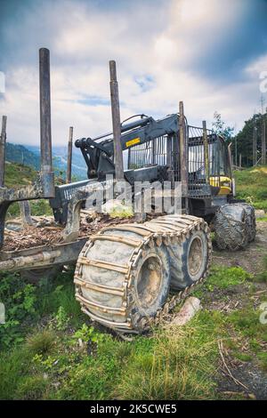 Italien, Venetien, Provinz Belluno, Dolomiten. Harvester und Forwarder Forstfahrzeug in einem Wald von dem Sturm Vaia getroffen Stockfoto