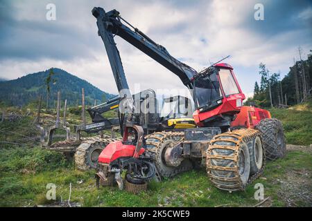 Italien, Venetien, Provinz Belluno, Dolomiten. Harvester und Forwarder Forstfahrzeug in einem Wald von dem Sturm Vaia getroffen Stockfoto