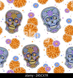 Vektor Day of the Dead nahtloses Muster, quadratische Wiederholung Hintergrund mit Satz von ausgeschnittenen Illustrationen der Vielfalt bunte Schädel und orange Blumen o Stock Vektor