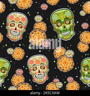 Vektor Day of the Dead nahtloses Muster, quadratische Wiederholung Hintergrund mit Satz von ausgeschnittenen Illustrationen von verschiedenen bunten Schädeln und orange Blumen o Stock Vektor