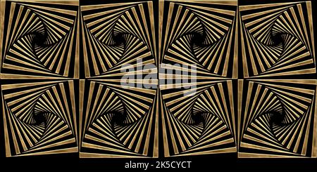 Nahtlose goldene Art Deco-Palmenfächer mit optischem Illusionsmuster. Vintage abstrakte geometrische Streifen Gold Relief auf schwarzem Hintergrund. Modernes, elegantes Metall Stockfoto