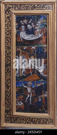 Szenen aus dem Leben und der Leidenschaft Christi, Ende 15.-Anfang 16. Jahrhundert. Rechte Tafel eines Triptychons, von oben nach unten: Die Entombment, Christus am Tor von Limbo, die Auferstehung. (La Crucifixion; sc&#XE8;nes de la vie et de la Passion du Christ). Stockfoto