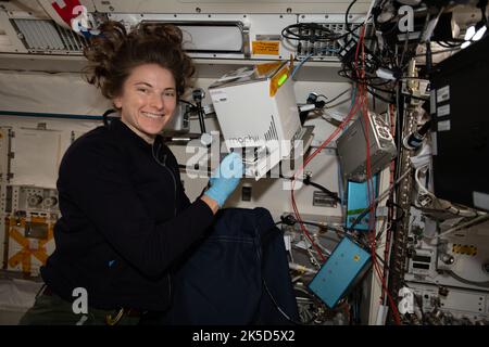 Der NASA-Astronaut und Expedition 66-Flugingenieur Kayla Barron baut und installiert das Mochii-Elektronenmikroskop, mit dem Spurenpartikel an Bord der Internationalen Raumstation identifiziert werden können. Stockfoto