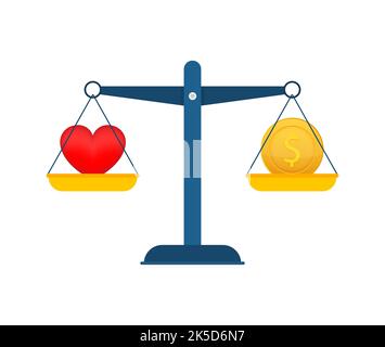 Liebe ist Geld auf Waage Symbol. Geld und Liebe Balance auf Skala. Vektorgrafik Stock Vektor