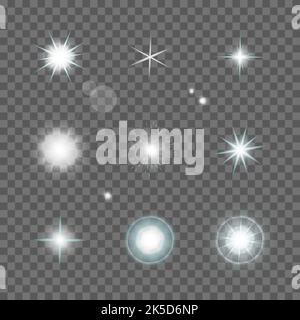 Kollektion mit transparenten Lichteffekten. Sterne und Fackeln. Vektorgrafik. Stock Vektor