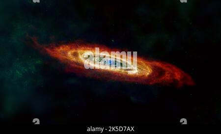 Dieses Bild der Andromeda-Galaxie, oder M31, enthält Daten der Herschel-Mission der ESA (European Space Agency), ergänzt durch Daten des pensionierten Planck-Observatoriums der ESA und zwei pensionierten NASA-Missionen, dem Infrarot-Astronomischen Satelliten (IRAS) und dem Cosmic Background Explorer (COBE). Herschel, der zwischen 2009 und 2013 betrieben wurde, detektierte Wellenlängen des Lichts im Ferninfrarot- und Mikrowellenbereich und war ideal für die Untersuchung von Staub in nahe gelegenen Galaxien, da es kleinräumige Strukturen in den Staubwolken in hoher Auflösung erfassen konnte. Herschel konnte jedoch oft kein Licht von diffusem Staubklo erkennen Stockfoto