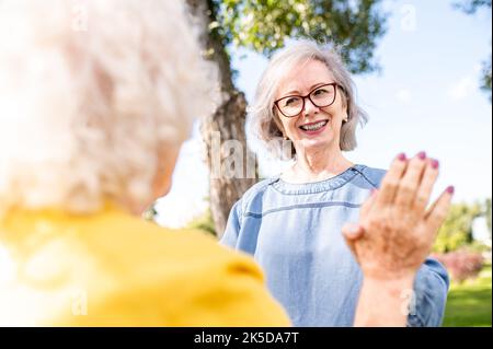 Gruppe glücklicher älterer Menschen, die sich im Park im Freien verbinden - Alte im Alter von 60, 70, 80 Jahren, die Spaß haben und Zeit miteinander verbringen, Konzepte über Stockfoto