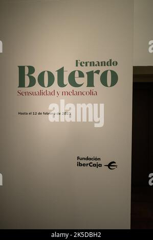 „Fernando Botero, Sinnlichkeit und Schwermut“-Ausstellung eines beliebten kolumbianischen Künstlers im Goya Museum von Zaragoza, Spanien Stockfoto