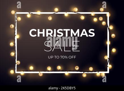 Dunkles Weihnachtsverkauf-Design mit leuchtenden goldenen Sternen und Glühbirnen Girlanden. Vektorgrafik. Stock Vektor