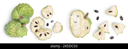 Zucker Apfel oder Pudding Apfel isoliert auf weißem Hintergrund. Exotische tropische Thai annona oder Cherimoya Frucht. Draufsicht. Flach liegend Stockfoto