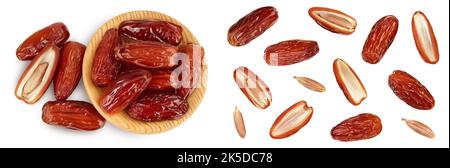 Datteln in Holzschale isoliert auf weißem Hintergrund. Draufsicht. Flach liegend Stockfoto