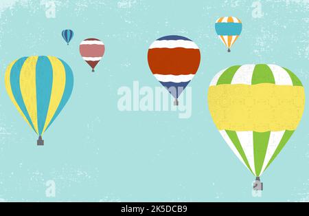 Heißluftballons, die in einem Schnitt-Papier-Stil mit Texturen durch die Luft schweben Stock Vektor