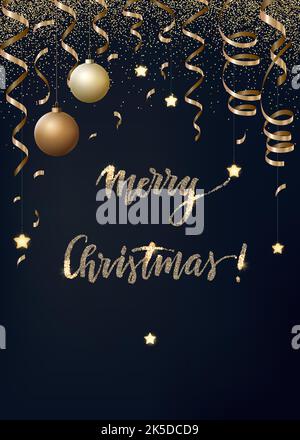 Vektor-Weihnachtshintergrund mit goldenen Serpentinen, Glitzer, Konfektenkugeln und Weihnachtskugeln auf dunklem Hintergrund. Winter-Illustration. Stock Vektor