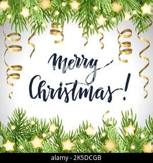 Weihnachtlicher Hintergrund mit Tannenzweigen, leuchtenden Sternen, Glühbirnen-Girlande, goldenen Serpentinen und Handschriftzug. Vektorgrafik. Winterillus Stock Vektor