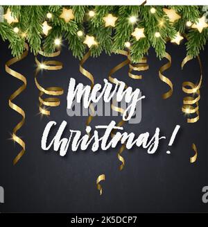 Weihnachtlicher Hintergrund mit Tannenzweigen, leuchtenden Sternen, Glühbirnen-Girlande, goldenen Serpentinen und Handschriftzug. Vektorgrafik. Winterillus Stock Vektor