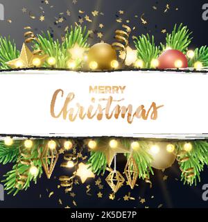 Festliche Weihnachten und Neujahr Vektor-Design mit Tannenzweigen, goldenen Konfetti, Weihnachtsschmuck, leuchtenden Sternen und hellen Girlanden. Winter-Illustration Stock Vektor