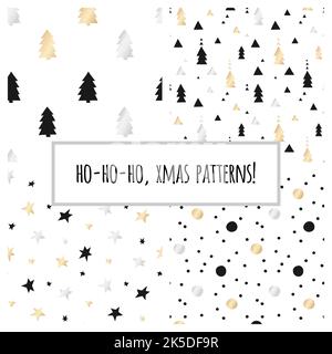 Set aus nahtlosen Goldfolien-Mustern mit Weihnachtsbäumen und Sternen für Weihnachten und Neujahr. Vektorgrafik. Stock Vektor