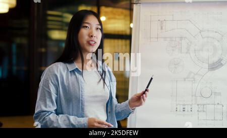 Asiatische Geschäftsfrau leitet Ausbildung. Arbeitstreffen im Bürokonferenzraum. Ingenieurin präsentiert Blaupause auf Flipchart oder Engineering-Startup-Projekt an Mitarbeiter in modernen Büro. Stockfoto