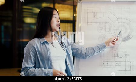 Asiatische Geschäftsfrau leitet Ausbildung. Arbeitstreffen im Bürokonferenzraum. Ingenieurin präsentiert Blaupause auf Flipchart oder Engineering-Startup-Projekt an Mitarbeiter in modernen Büro. Stockfoto