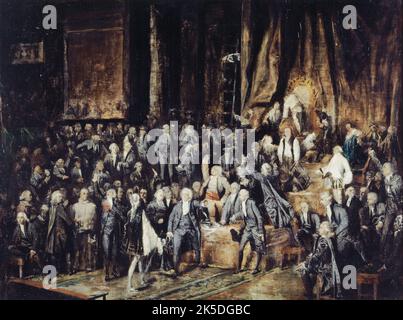 Le marquis de Deux-Br&#xe9;z&#xe9; [sic] et Mirabeau, le 23 juin 1789, (1831). Henri Evrard, marquis de Dreux-Br&#xe9;z&#xe9; und Honore-Gabriel de Riqueti, comte de Mirabeau beim Generalaufstand am 23. Juni 1789. Dies war eine Generalversammlung, die die französischen Stände des Reiches vertrat: Den Klerus (erster Stand), den Adel (zweiter Stand) und die Bürger (dritter Stand). Es war der letzte der Generalstaaten des Königreichs Frankreich. Der dritte Stand bildete die Nationalversammlung und lud gegen den Willen von König Ludwig XVI. Die beiden anderen Stände ein, sich anzuschließen. Dies signalisierte den Ausbruder Stockfoto