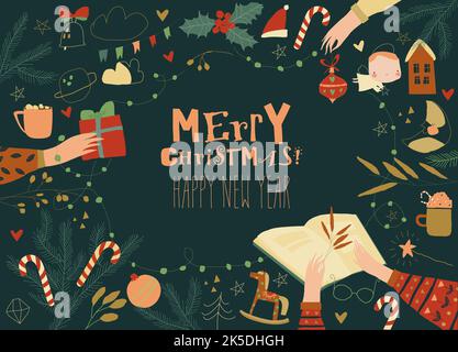 Fröhliche Weihnachtsfeier Poster mit Händen Halten Feiertagsdekorationen Stock Vektor