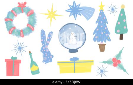Weihnachten großes Set, Silvester Weihnachtsdekoration Elemente Vektor-Illustrationen auf einem weißen Hintergrund Stock Vektor