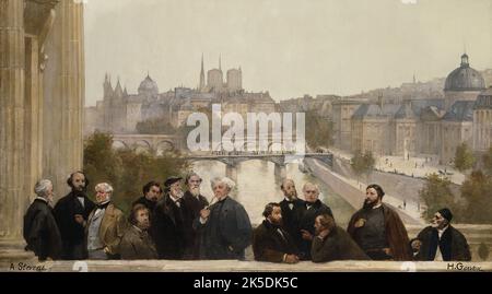 Das Panorama des Jahrhunderts : Dupr&#xe9;, Rousseau, Isabey, Millet, Couture, Daubigny, Diaz, Corot, Troyon, Fromentin, Barye, Decamp, Courbet, Robert-Fleury, 1889. Details. Eine fiktive Versammlung von 14 französischen Malern, die meisten Landschaftsmaler, in Paris. Hinter der seine, in der Nähe der Ile de la Cit &#xe9;, mit dem Institut de France und der Pont des Arts auf der rechten Seite. (Le Panorama du si&#XE8;cle : Dupr&#xe9;, Rousseau, Isabey, Millet, Couture, Daubigny, Diaz, Corot, Troyon, Fromentin, Barye, Decamp, Courbet, Robert-Fleury). Stockfoto