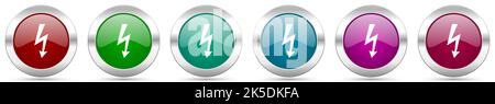 Strom, Strom, Energie silber metallic Vektor-Icon-Set, runde glänzende Tasten mit Chromrand für Web-Design Stock Vektor