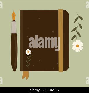 Kontinuierliche Strichzeichnung von Federkiel und Buchstapel. Einzeiliges Kunstkonzept mit Vintage-Pinselstift-Signatur und -Schriftzug. Vektorgrafik Stockfoto