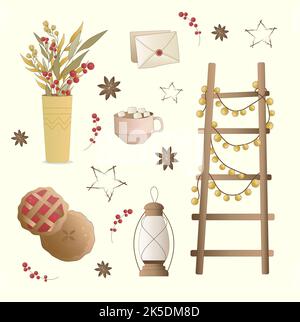 Eine Sammlung von gemütlichen Aufklebern von Haushaltsartikeln und Leckereien zum Teetrinken Stockfoto