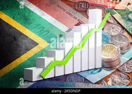 Wirtschaftsdiagramm: Aufwärtspfeil, südafrikanische Flagge und südafrikanische Rand Geldscheine und Münzen Stockfoto