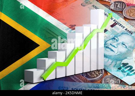 Wirtschaftsdiagramm: Aufwärtspfeil, südafrikanische Flagge und südafrikanische Rand Geldscheine und Münzen Stockfoto