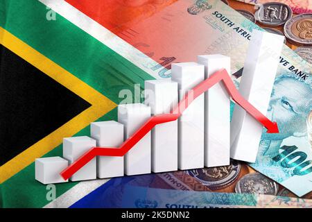 Wirtschaftsdiagramm: Abwärtspfeil, südafrikanische Flagge und südafrikanische Rand Geldscheine und Münzen Stockfoto