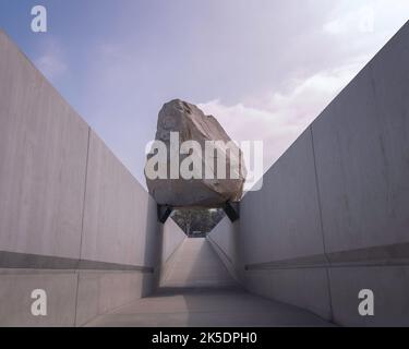 Los Angeles, CA, USA - 6. Oktober 2022: Die öffentliche Kunstskulptur „Levitated Mass“ des Künstlers Michael Heizer wird im LACMA in Los Angeles, CA, ausgestellt. Stockfoto