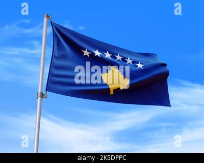 Schöne Kosovo-Flagge winkt im Wind mit Himmel Hintergrund - 3D Abbildung - 3D Rendern Stockfoto