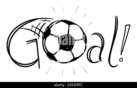 Festliches Torausrufezeichen mit geworfenem Fußball im Doodle-Stil auf weißem Hintergrund. Stock Vektor