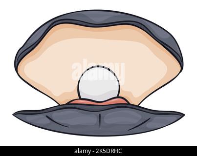 Oyster mit offener Schale und glänzender Perle innen in Cartoon-Stil und weißem Hintergrund. Stock Vektor