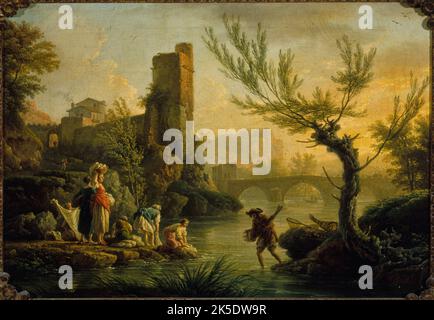 Paysage avec des lavandi&#XE8;res, 1763. Laundresses in einer Landschaft. Frauen waschen in einem Fluss Kleidung und Fischer mit Fischfallen auf dem gegenüberliegenden Ufer. Dahinter ist ein zerstörten Turm und eine Brücke. Stockfoto