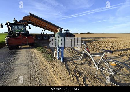 Lincent, Belgien. 07. Oktober 2022. Luftdrohnenbild zeigt , die Kartoffelernte in Racour, Lincent, Freitag, 07. Oktober 2022. BELGA FOTO ERIC LALMAND Kredit: Belga Nachrichtenagentur/Alamy Live News Stockfoto