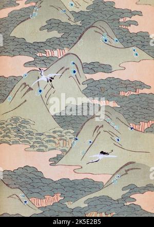 Das japanische Designmagazin Shin-Bijutsukai (1901-1902) wurde vom Illustrator und Designer Korin Furuya (1875-1910) herausgegeben und enthielt die Entwürfe der besten Künstler der damaligen Zeit. Korin, ein Meji-Maler, lehrte an der städtischen Schule für Kunst und Handwerk und war einer der wichtigsten Holzschnitt-Designer der Zeit. Ein optimierter und verbesserter Druck aus dem Shin-Bijutsukai Design Magazine, Band 1. Stockfoto