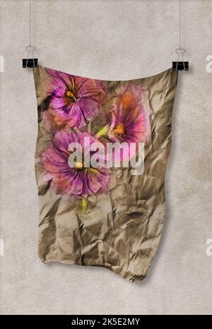 Hier ist ein Gemälde von Hollyhock-Blumen auf einem Blatt zerknittertem Kraftpapier und hängt an Clips an Schnüren. Dies ist eine 3-d-Abbildung. Stockfoto